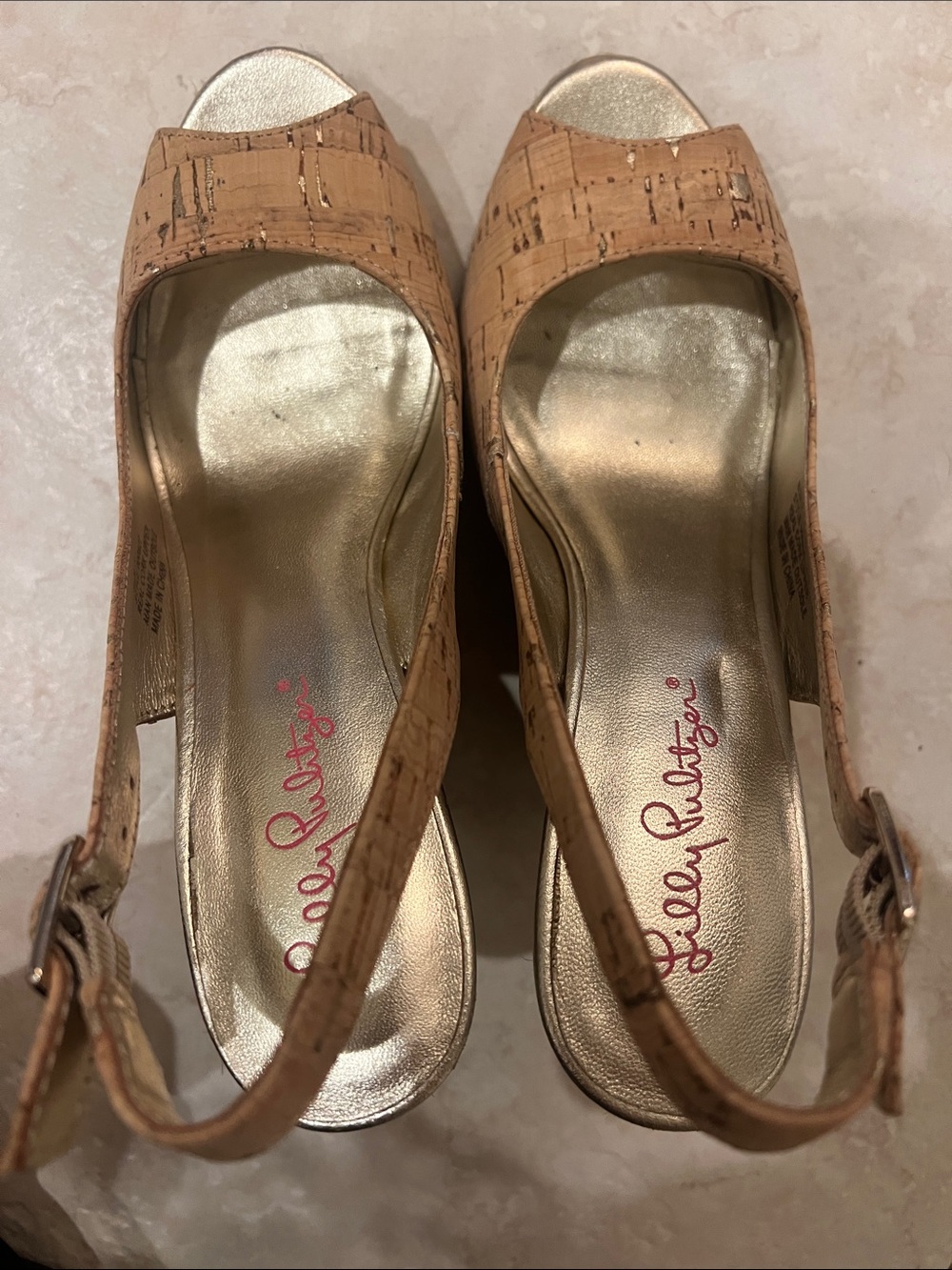 Lilly Pulitzer Cork Peep-Toe Slingback Wedges in Tan with Gold Insole